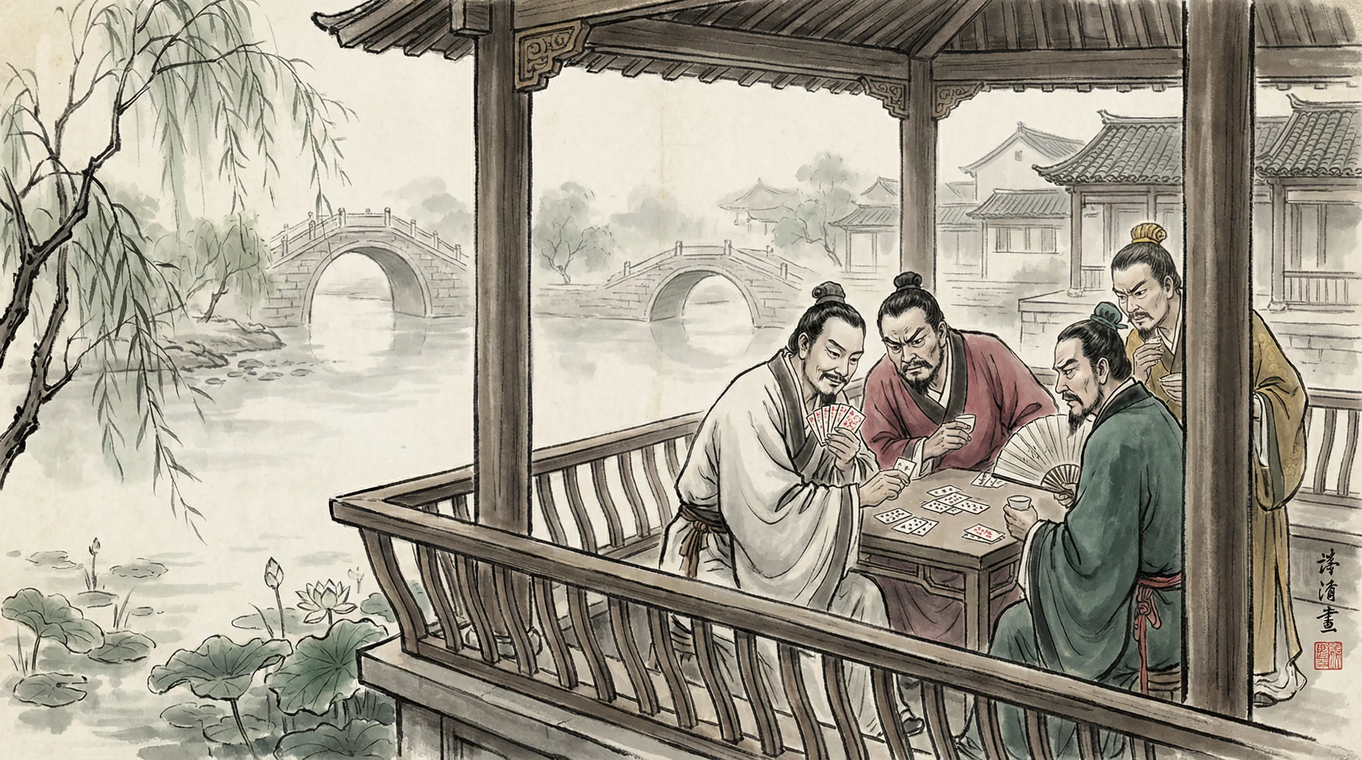 江南水乡亭台中的炸金花心理博弈